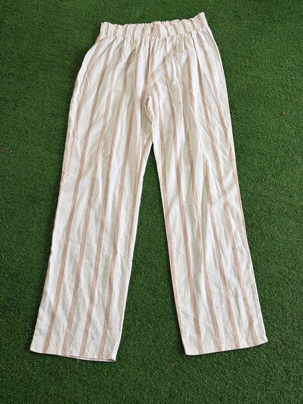 Messini Style 1317 Women's Striped Linen-Blend Pull-On Wide-Leg Pants